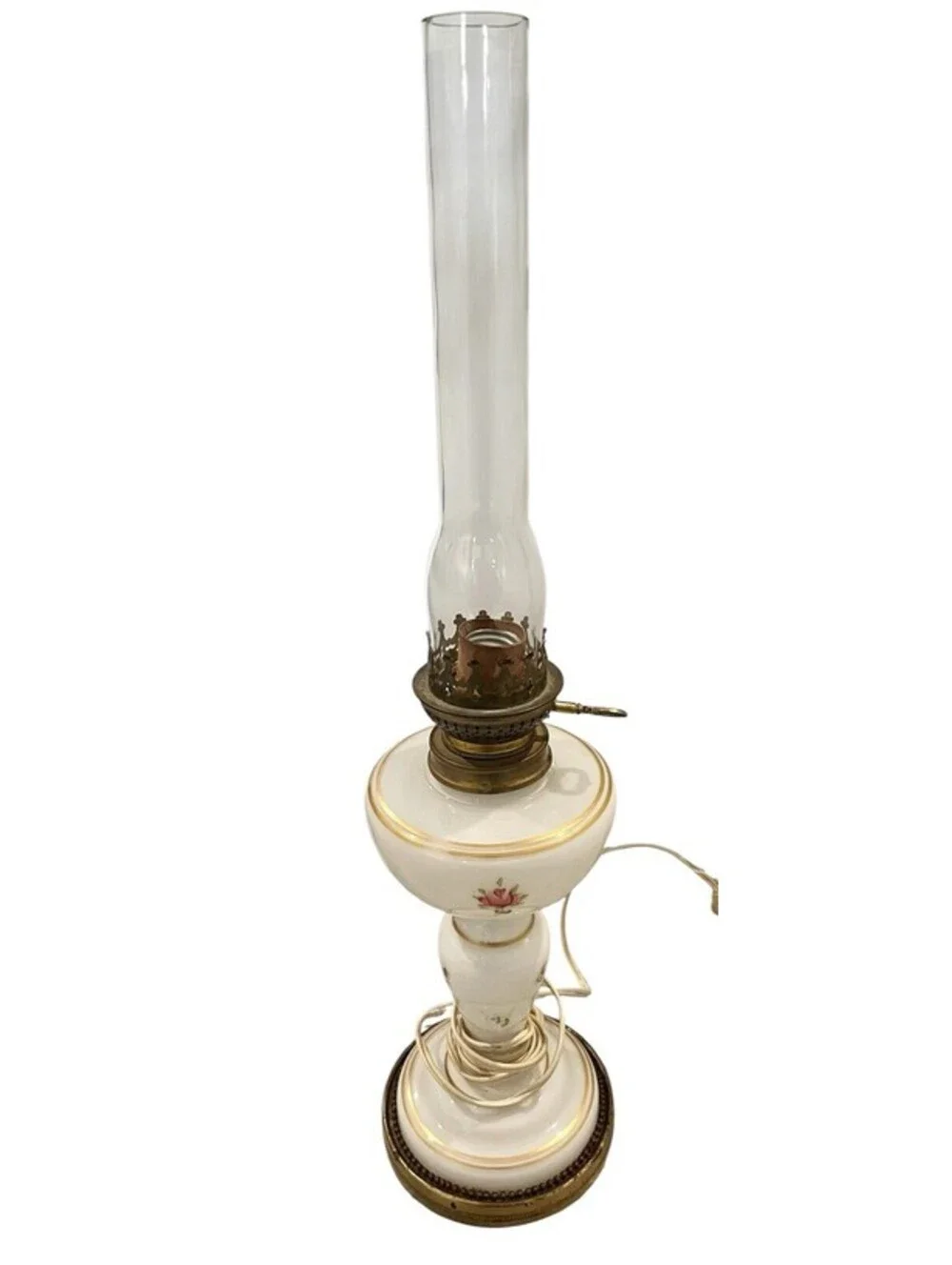 Mid-Century Vintage Kerosene Oil Lamp Porcelain Floral White Base Glass Chimney